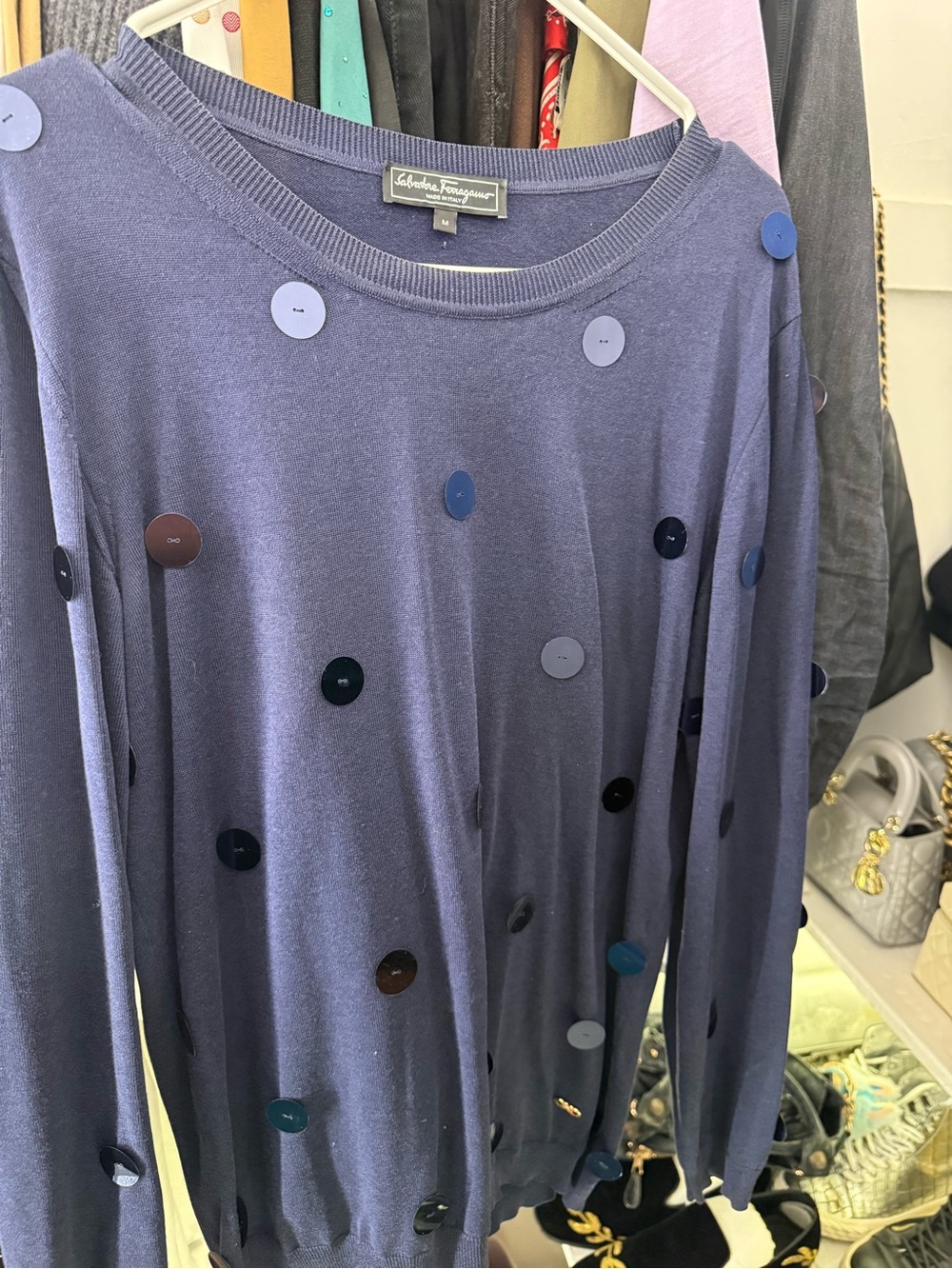 Salvatore Ferragamo Navy Sequin Dot Crewneck Sweater